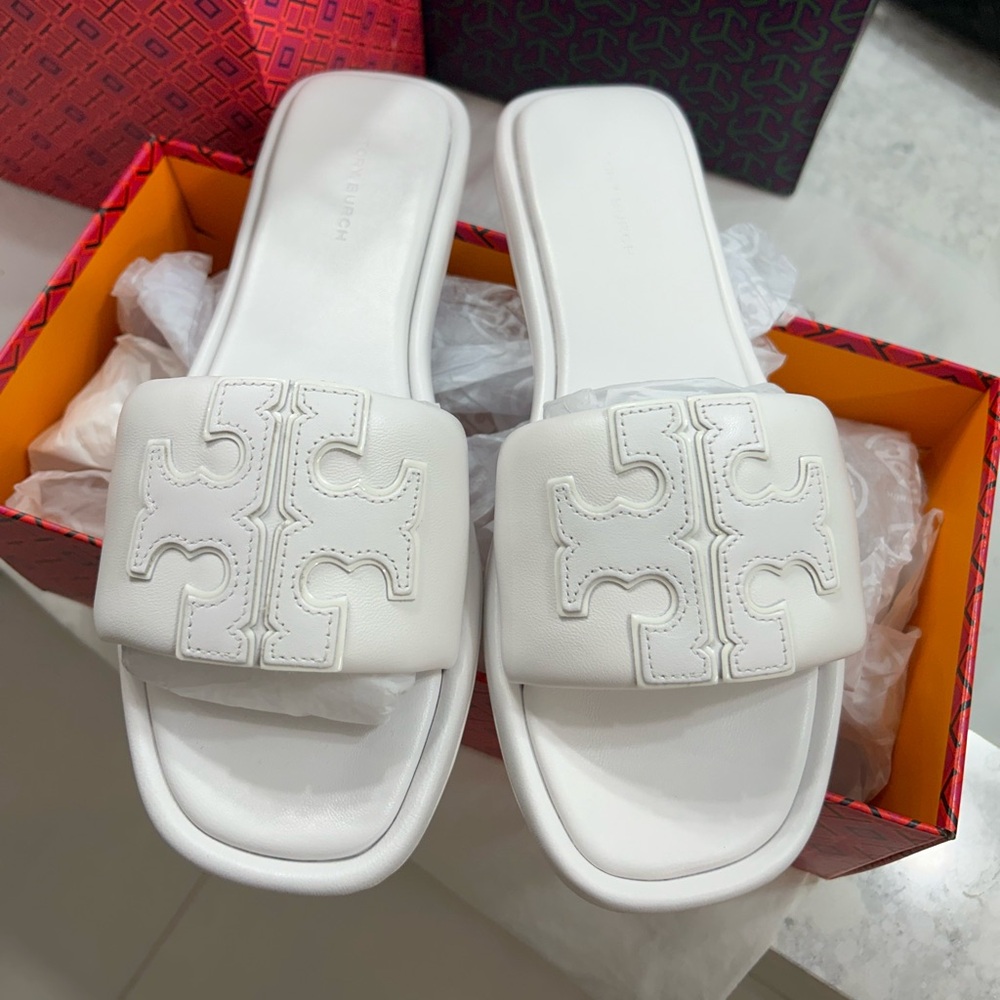 Tory Burch White Double T Sport Slides